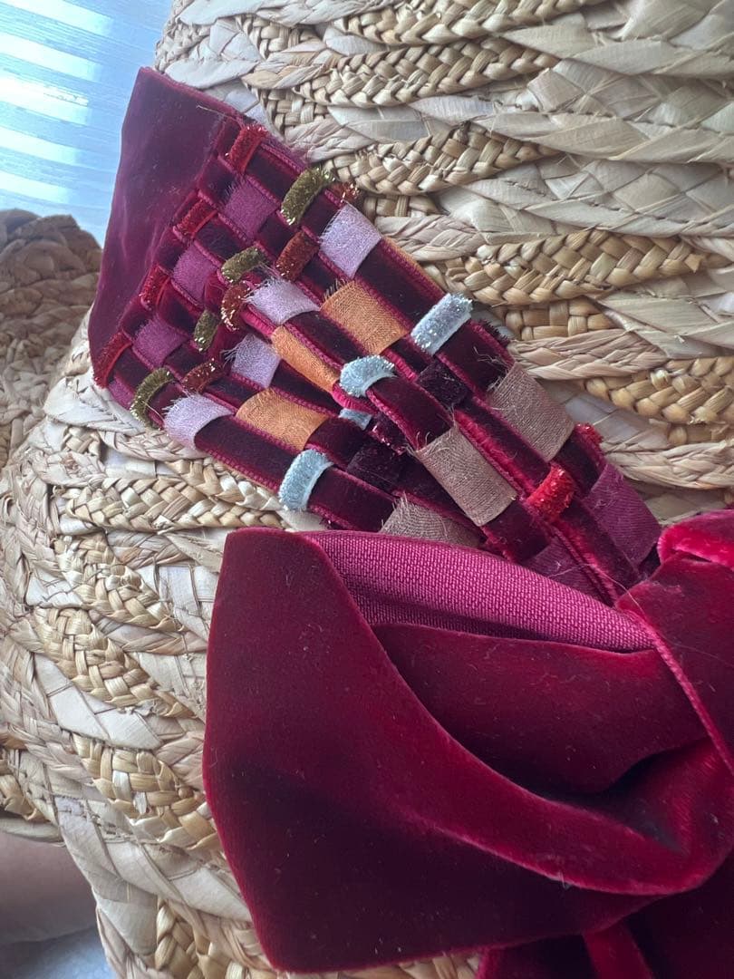 CA4LA 高級麦わら帽子　ストローハット リボン　ベロア　美品