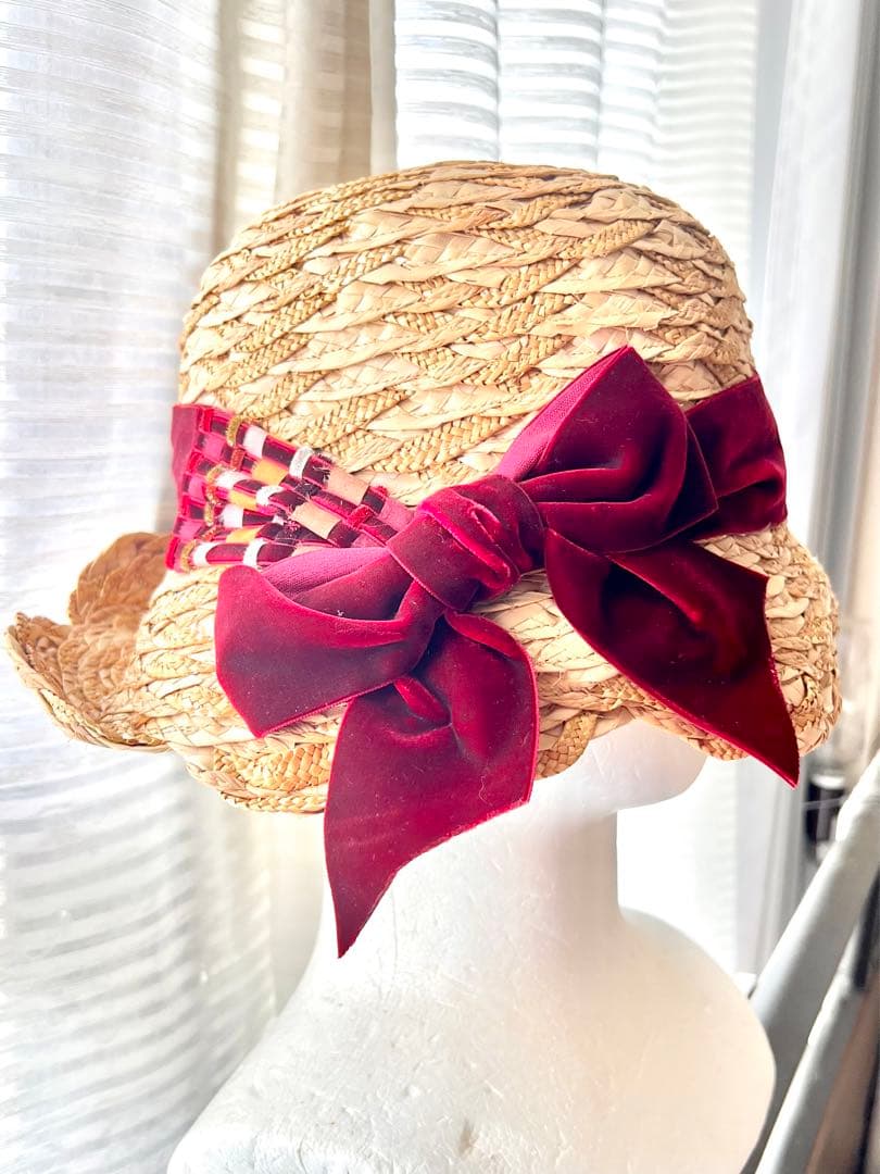 CA4LA 高級麦わら帽子　ストローハット リボン　ベロア　美品