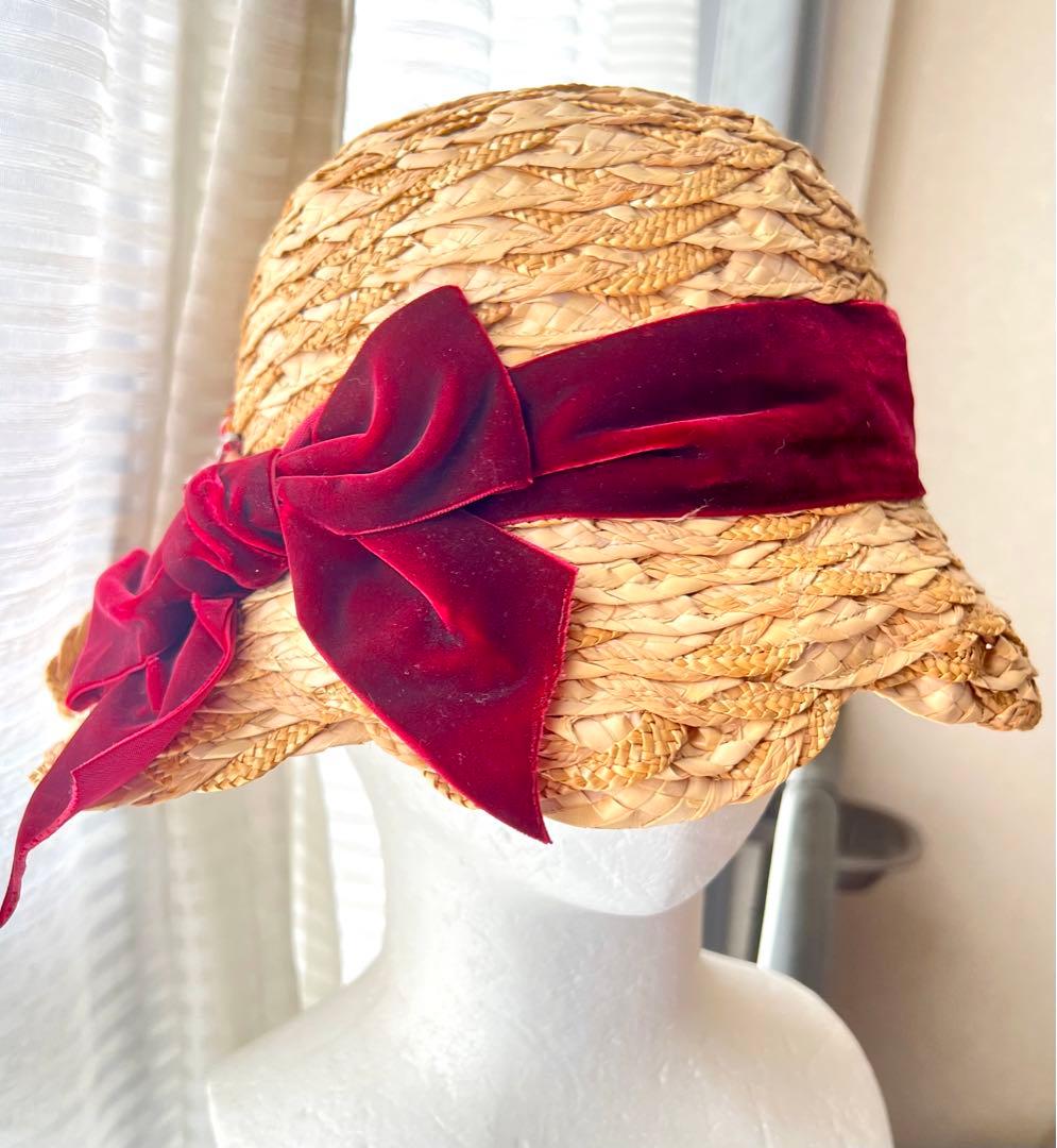 CA4LA 高級麦わら帽子　ストローハット リボン　ベロア　美品