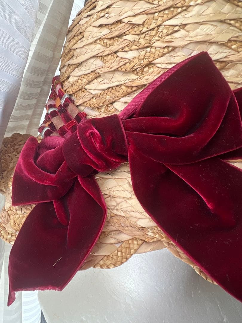 CA4LA 高級麦わら帽子　ストローハット リボン　ベロア　美品