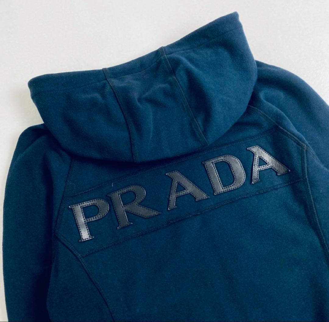 PRADA ネイビー ジップアップパーカー ロゴレザー 希少XS〜S