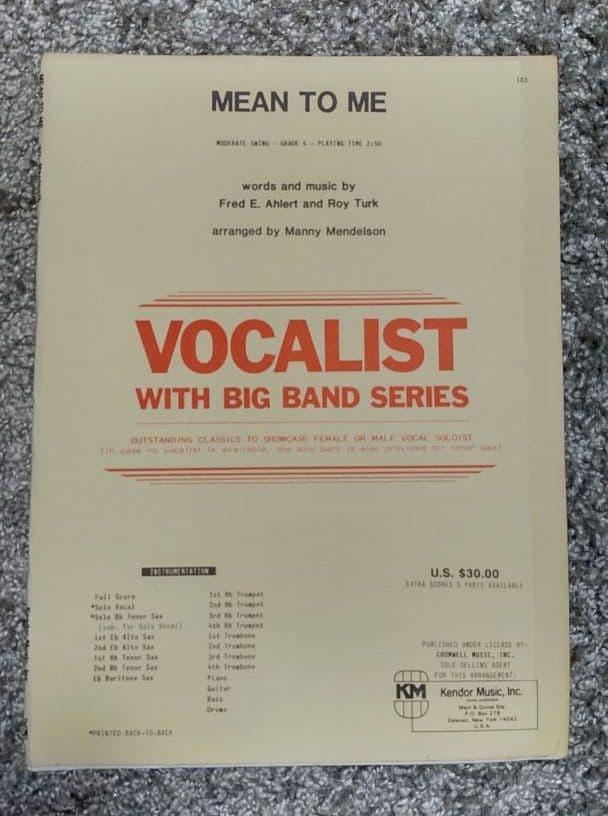 ボーカル　ビッグバンド譜面：MEAN TO ME