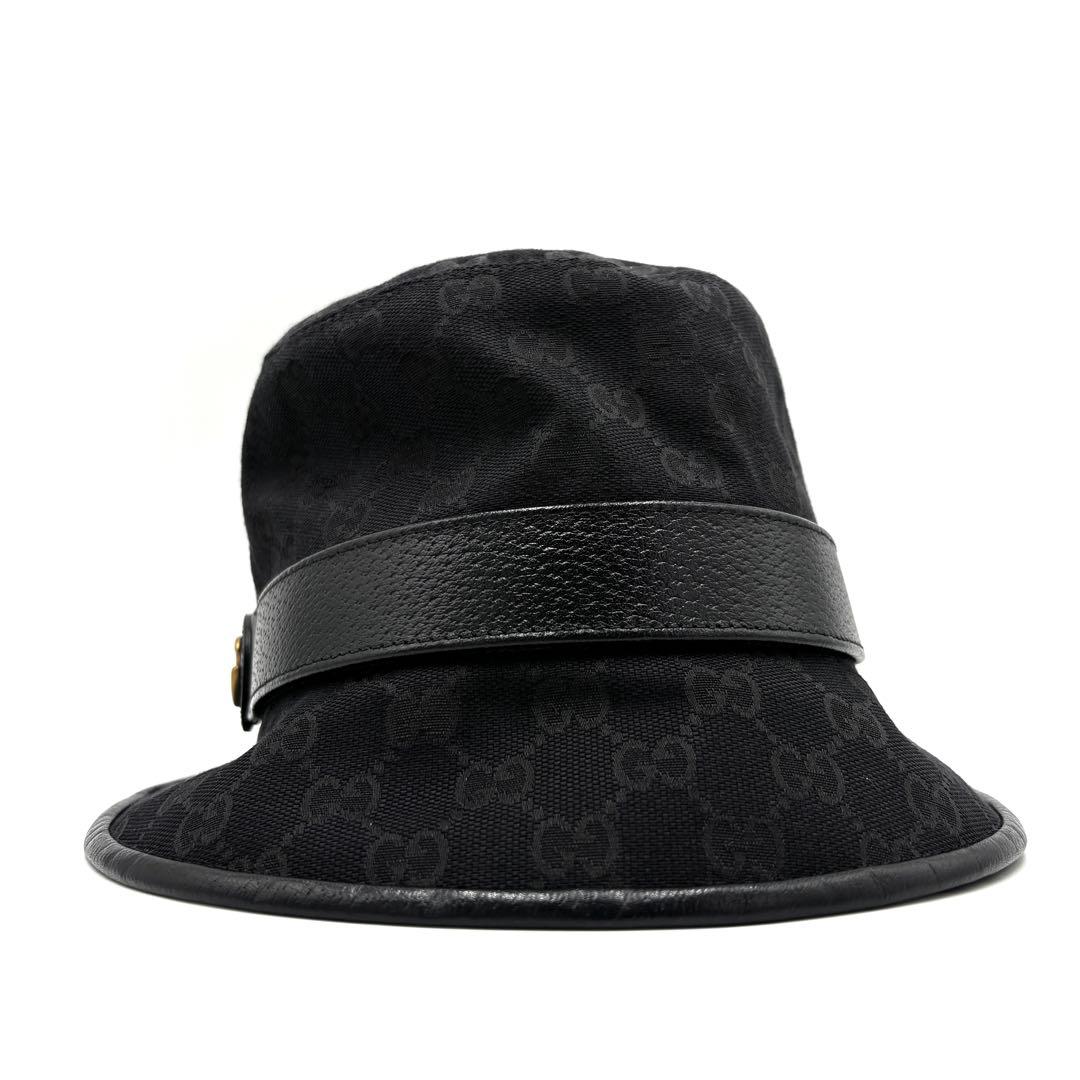 美品 グッチ バケットハット GGマーモント キャンバス レザー ユニセックス