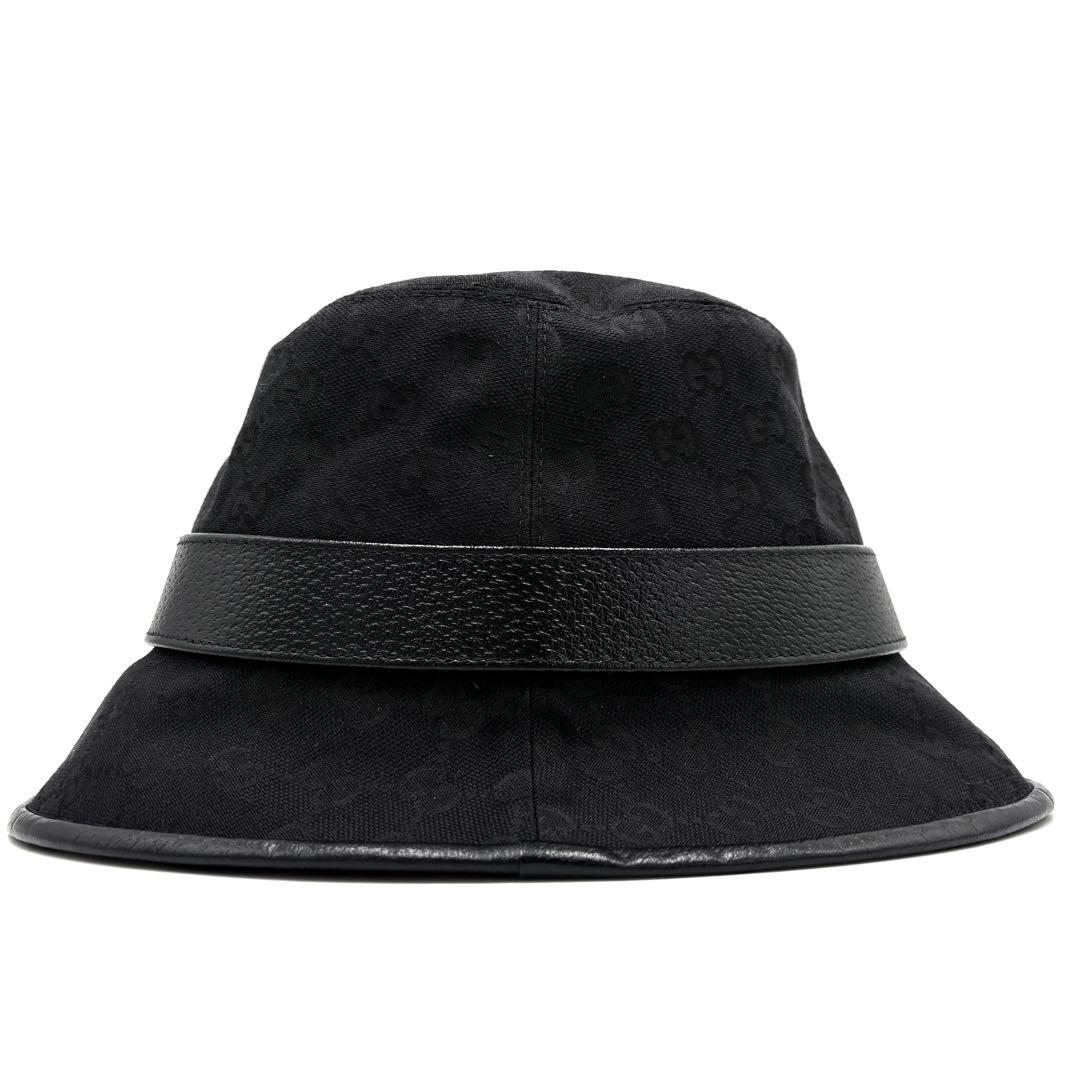 美品 グッチ バケットハット GGマーモント キャンバス レザー ユニセックス