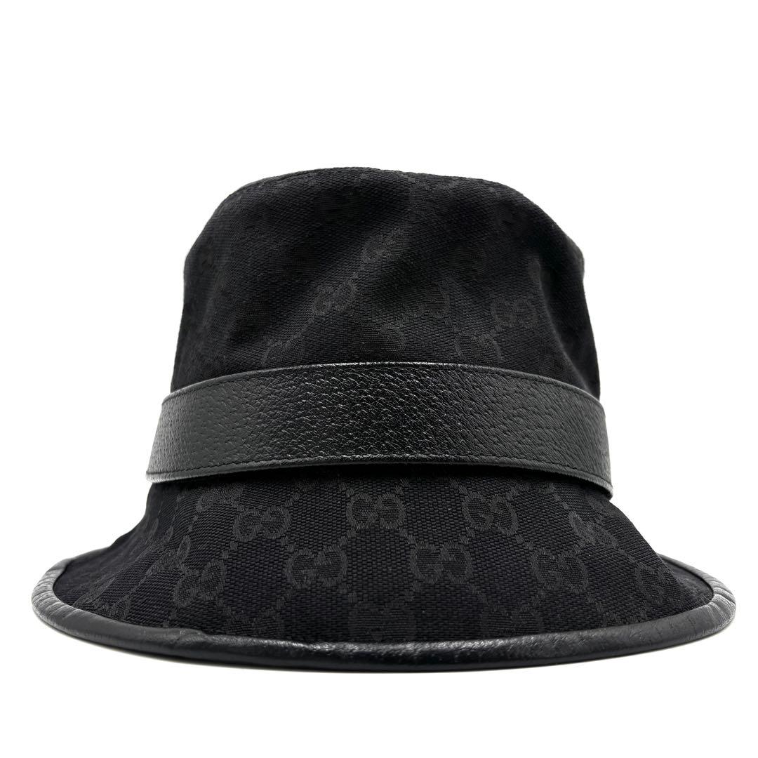 美品 グッチ バケットハット GGマーモント キャンバス レザー ユニセックス