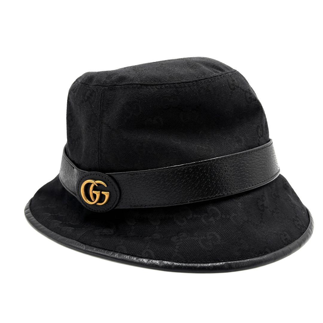 美品 グッチ バケットハット GGマーモント キャンバス レザー ユニセックス