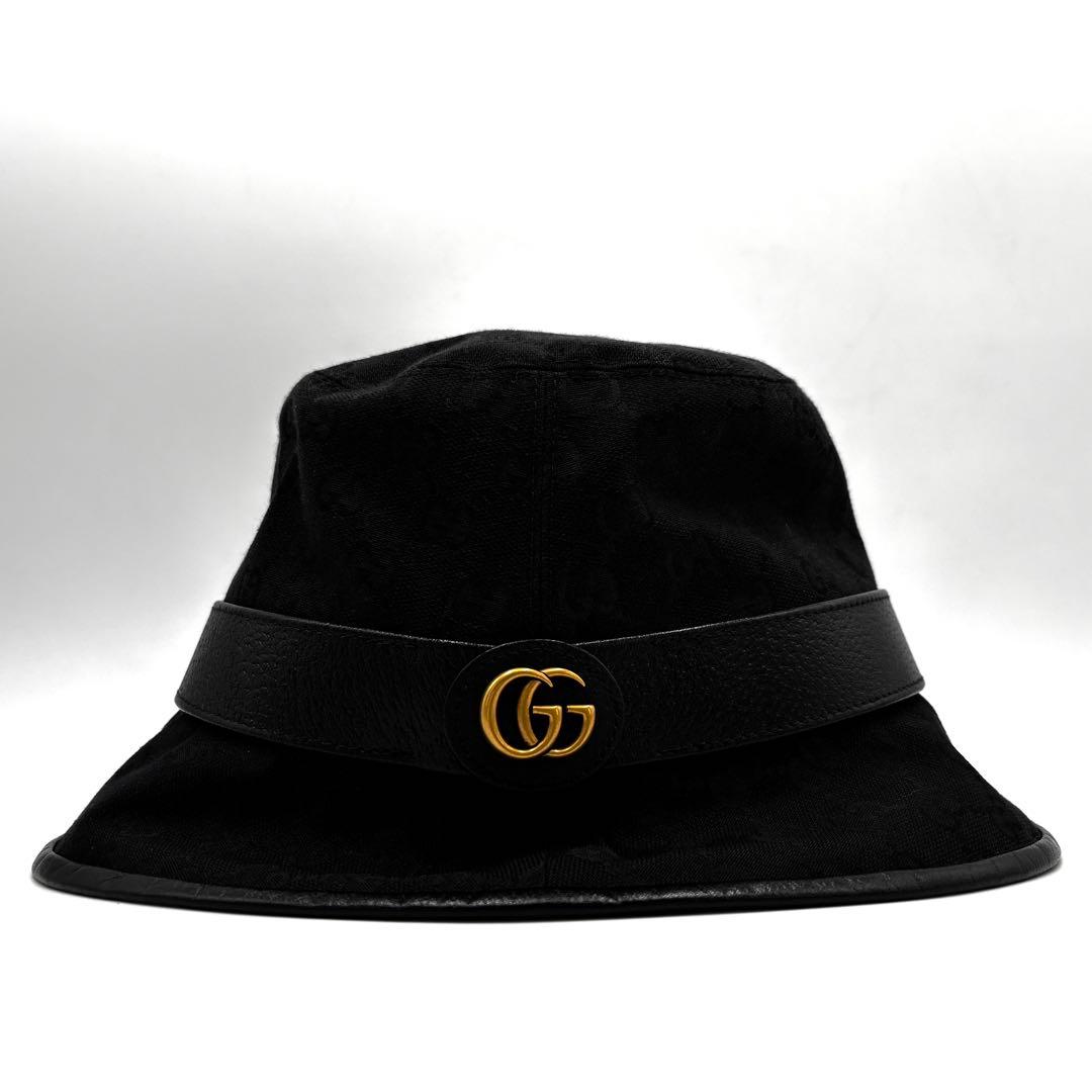 美品 グッチ バケットハット GGマーモント キャンバス レザー ユニセックス