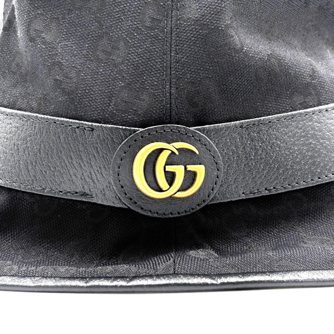 美品 グッチ バケットハット GGマーモント キャンバス レザー ユニセックス