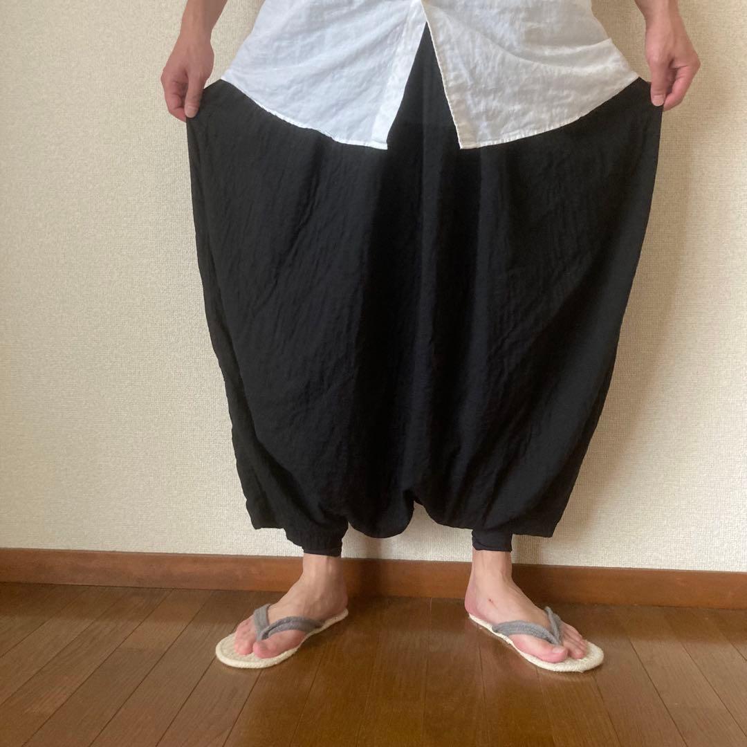ゆったりシルエット ダブルガーゼ スカ—ト風 サルエルパンツ ブラック