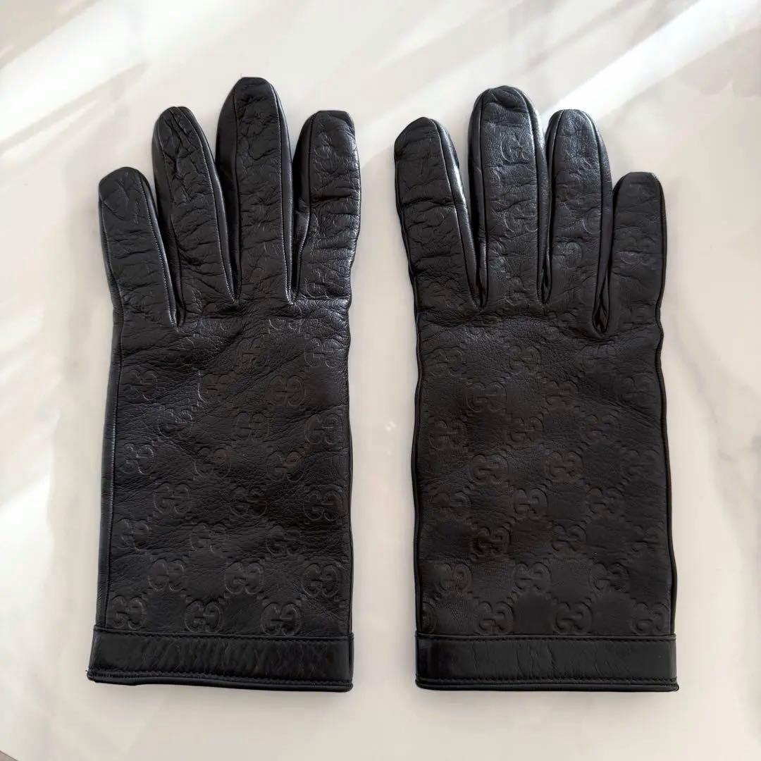 美品 GUCCI 手袋 グローブ シマ GG柄 ラムレザー カシミヤ メンズ