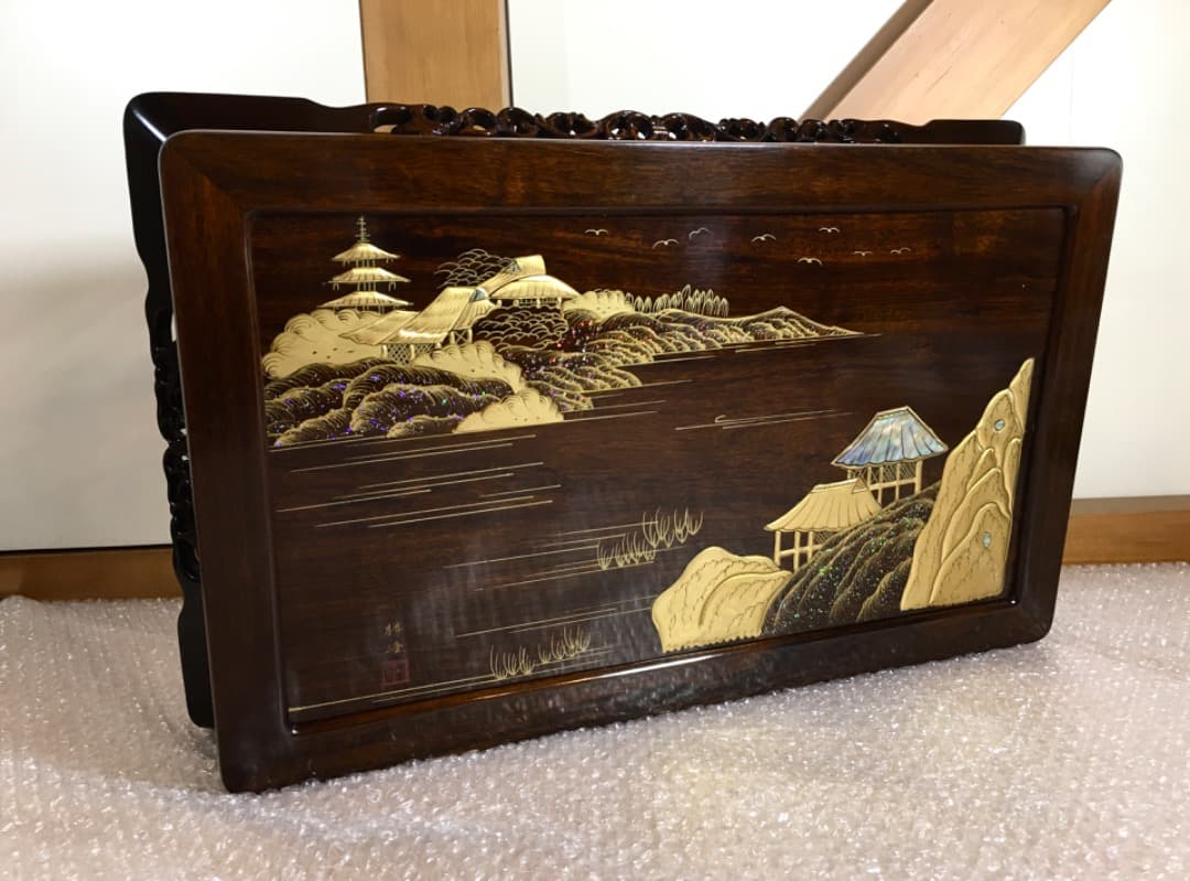 【勝峰作】花台 飾り台 螺鈿細工 金彩蒔絵 机 ガラス付属 ①