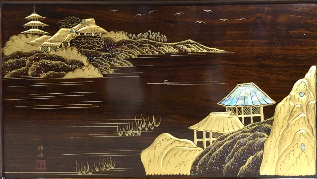 【勝峰作】花台 飾り台 螺鈿細工 金彩蒔絵 机 ガラス付属 ①