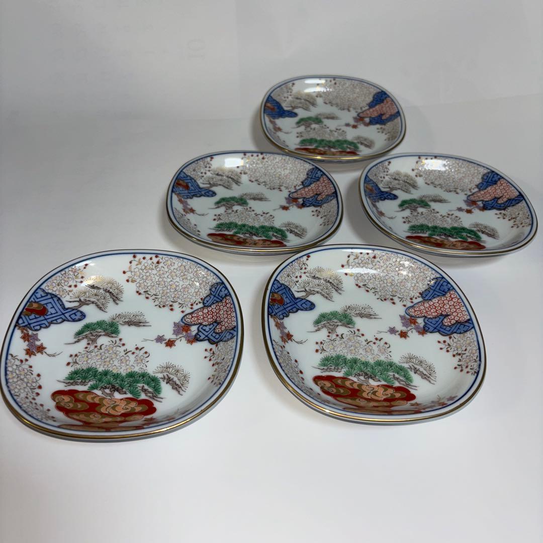 ⭐️【値引きしました】⭐️有田焼　賞美堂　其泉窯　春秋文　中皿揃　５枚　染錦　銘々皿