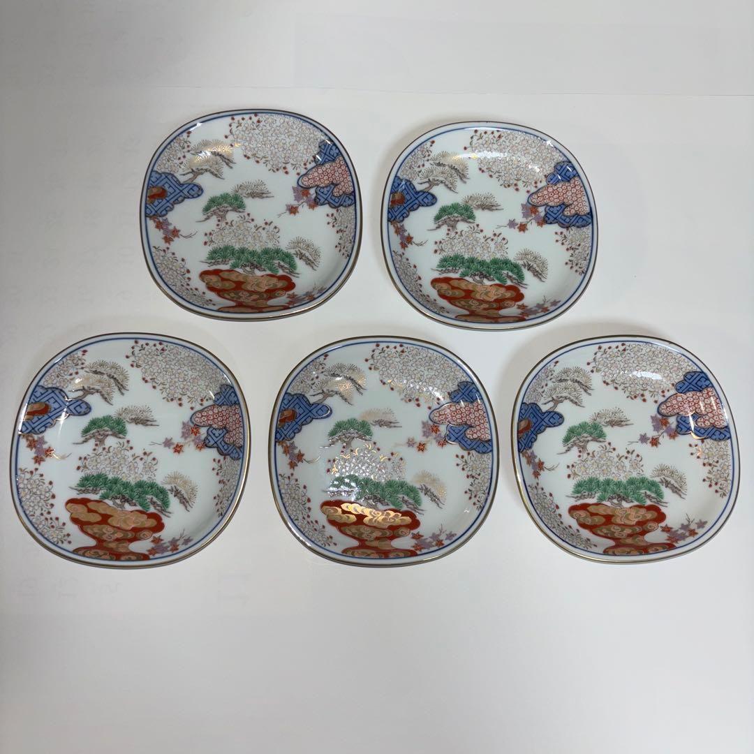 ⭐️【値引きしました】⭐️有田焼　賞美堂　其泉窯　春秋文　中皿揃　５枚　染錦　銘々皿