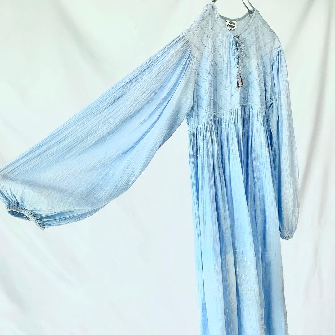 70s vintage インド綿　ブルー　シルバーラメ　ストライプ　ワンピース