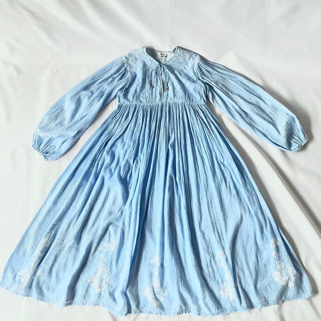 70s vintage インド綿　ブルー　シルバーラメ　ストライプ　ワンピース