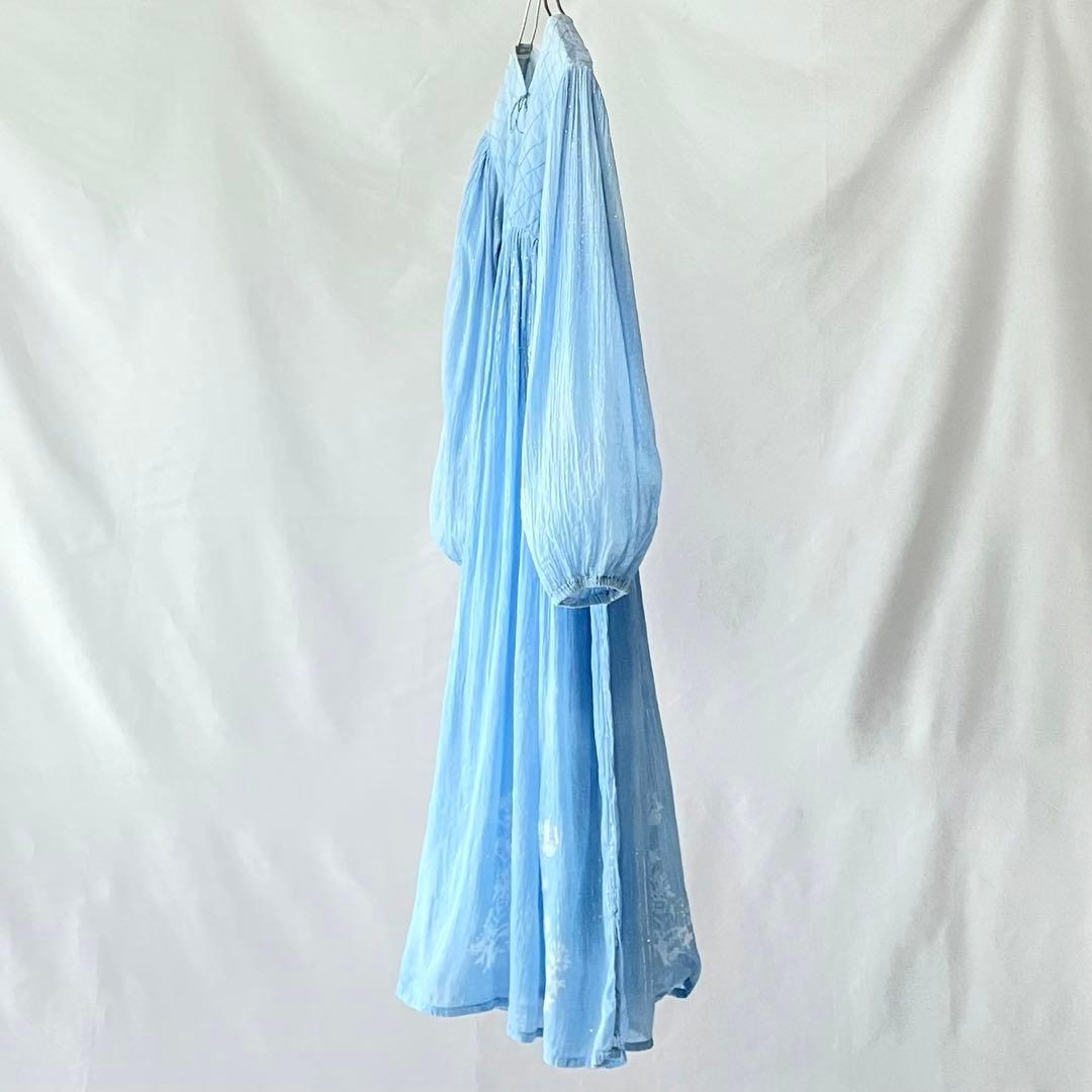 70s vintage インド綿　ブルー　シルバーラメ　ストライプ　ワンピース