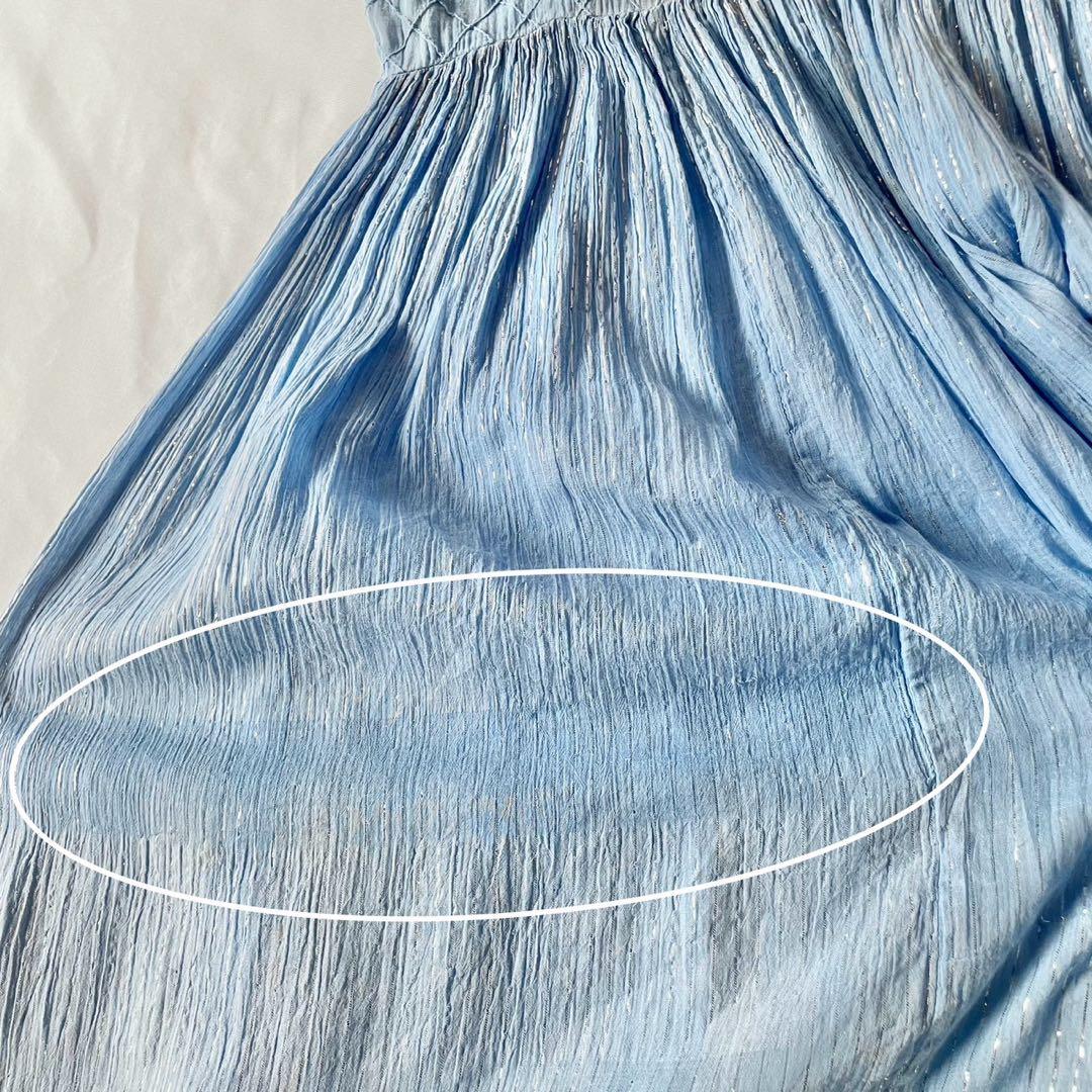 70s vintage インド綿　ブルー　シルバーラメ　ストライプ　ワンピース