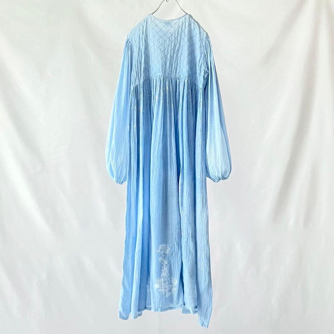 70s vintage インド綿　ブルー　シルバーラメ　ストライプ　ワンピース