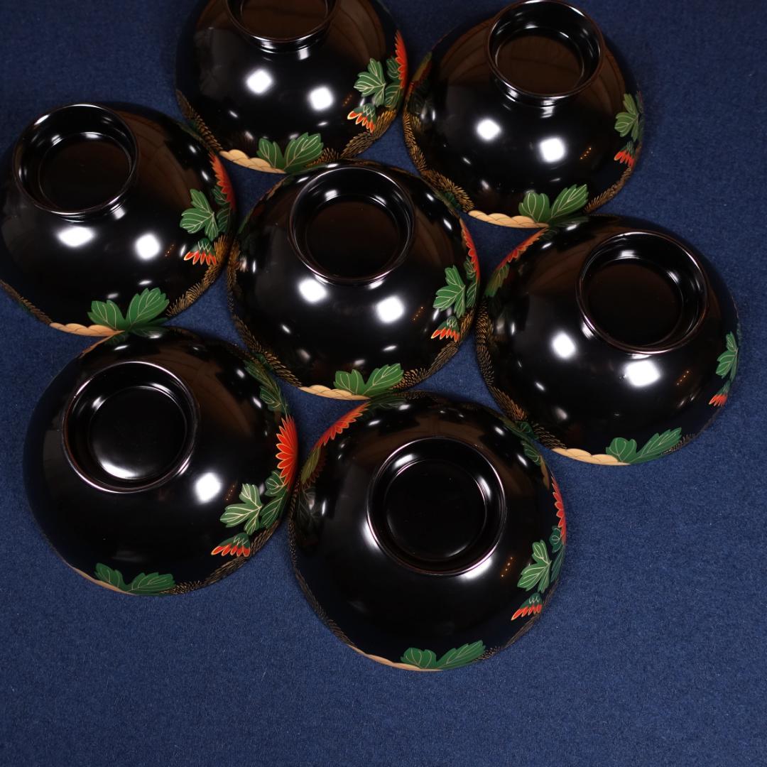 輪島塗 沈金 蒔絵 菊花尽図 吸物椀 7客 共箱