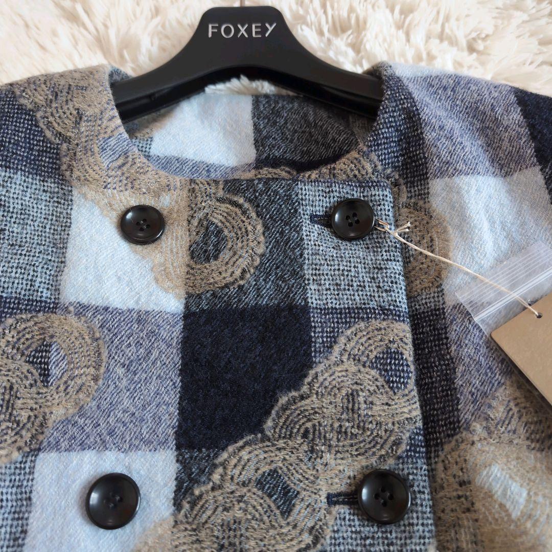 群言堂　根々　結びチェック　ノーカラーコート　ウール　ネイビー