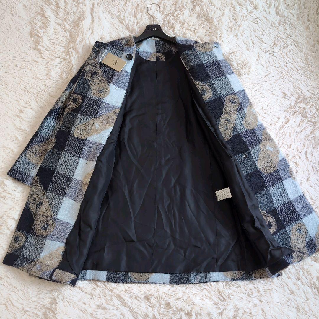 群言堂　根々　結びチェック　ノーカラーコート　ウール　ネイビー