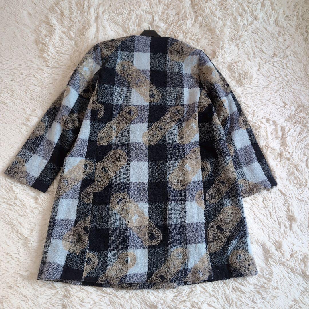 群言堂　根々　結びチェック　ノーカラーコート　ウール　ネイビー