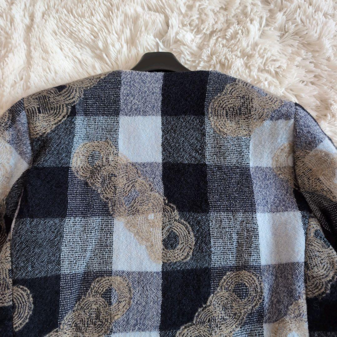 群言堂　根々　結びチェック　ノーカラーコート　ウール　ネイビー