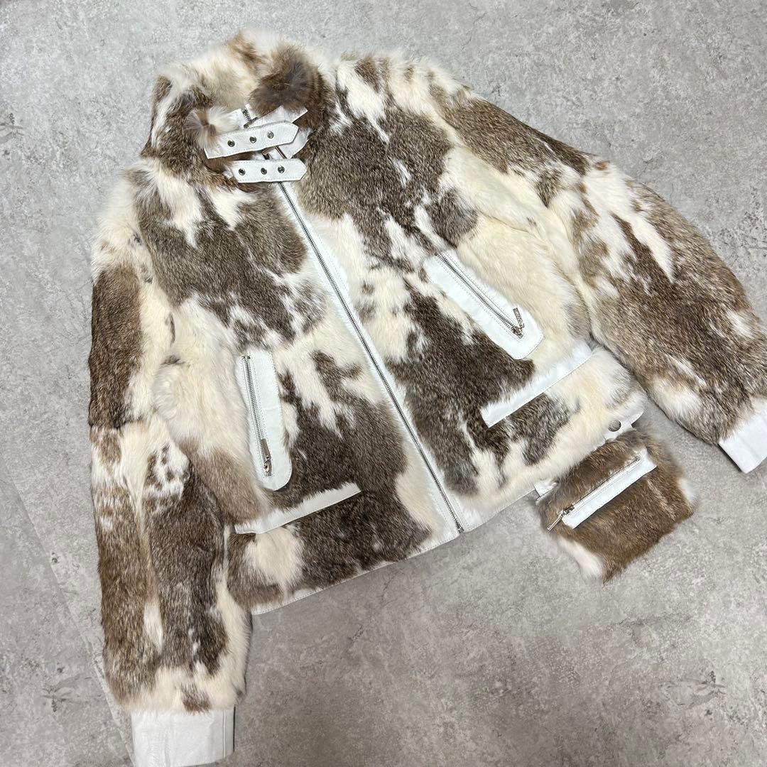 ラビットファー　レザージャケット　アニマル　ポケット付き
