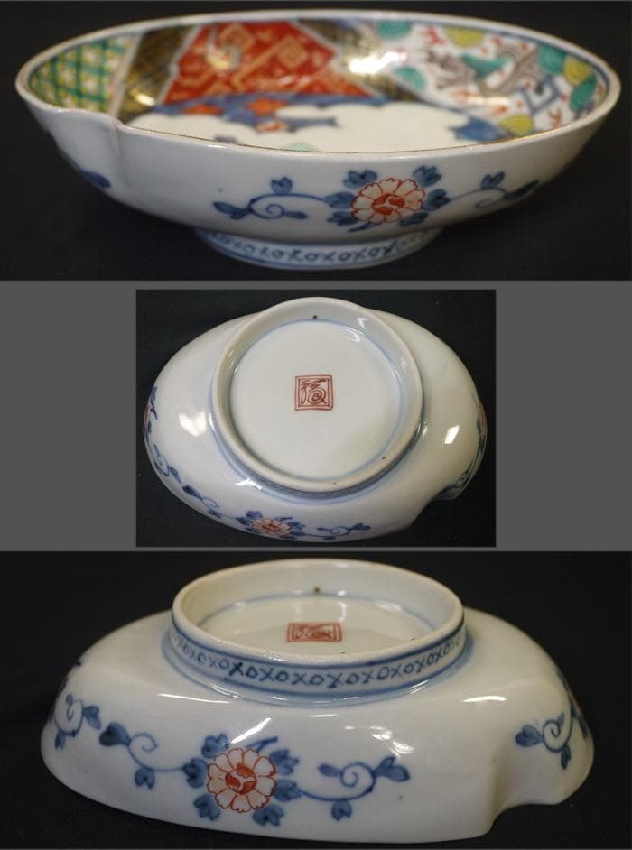 古伊万里色絵 楕円変形深皿　可愛い立ち雛ノ図　４客　お雛様　桃の節句に