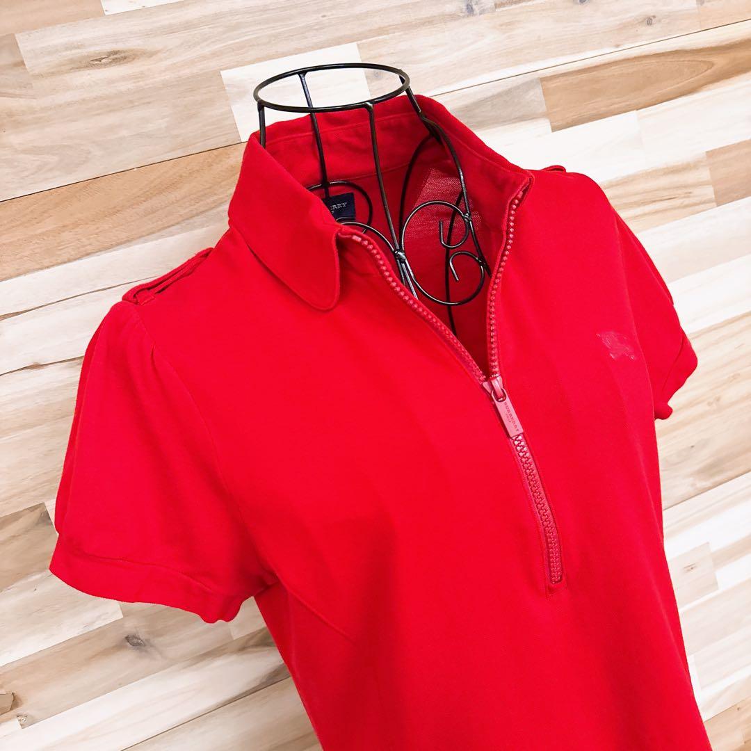 【バーバリー】コットン ブレンド 半袖ジップアップ ワンピース ゴルフ 赤レッド