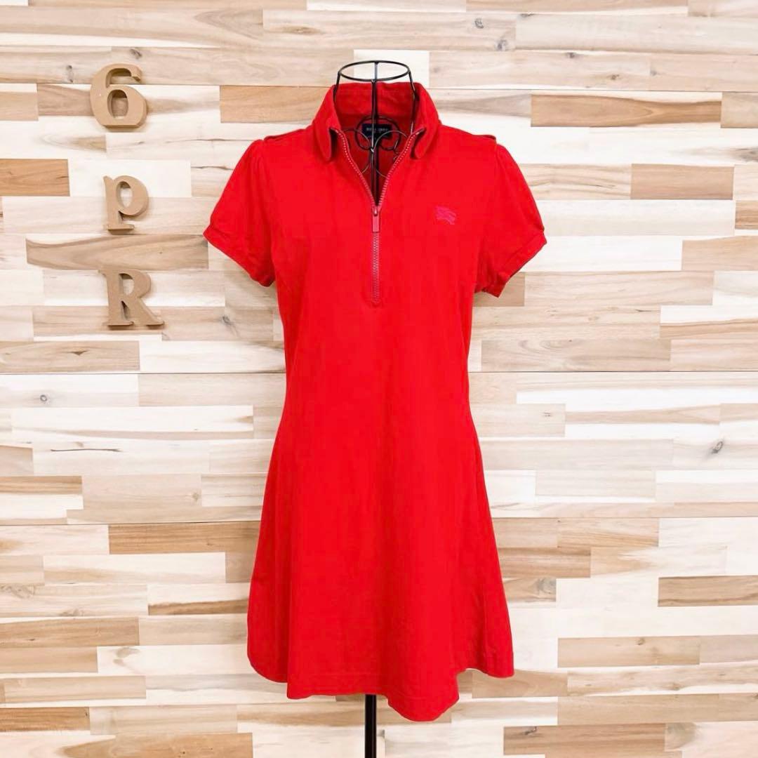 【バーバリー】コットン ブレンド 半袖ジップアップ ワンピース ゴルフ 赤レッド