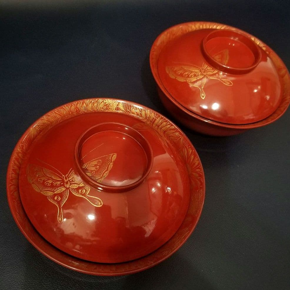 輪島塗　朱漆塗 内総沈金 菊花紋詰 吸物椀 懐石椀 茶道具 金 蒔絵　羽反　2客