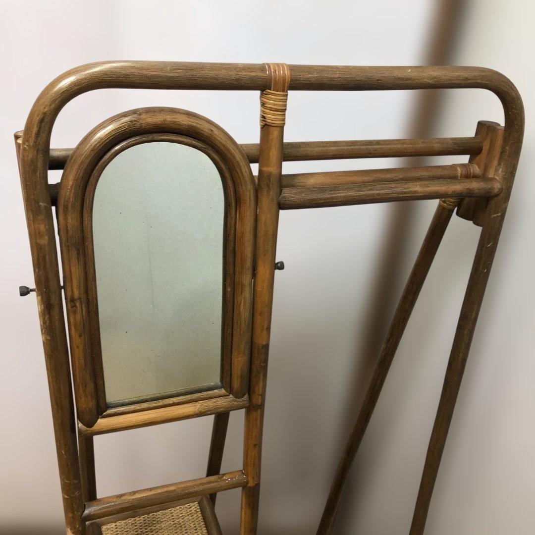 ラタン 籐製 ミラー付き ハンガーラック レトロ ヴィンテージ　260128-1