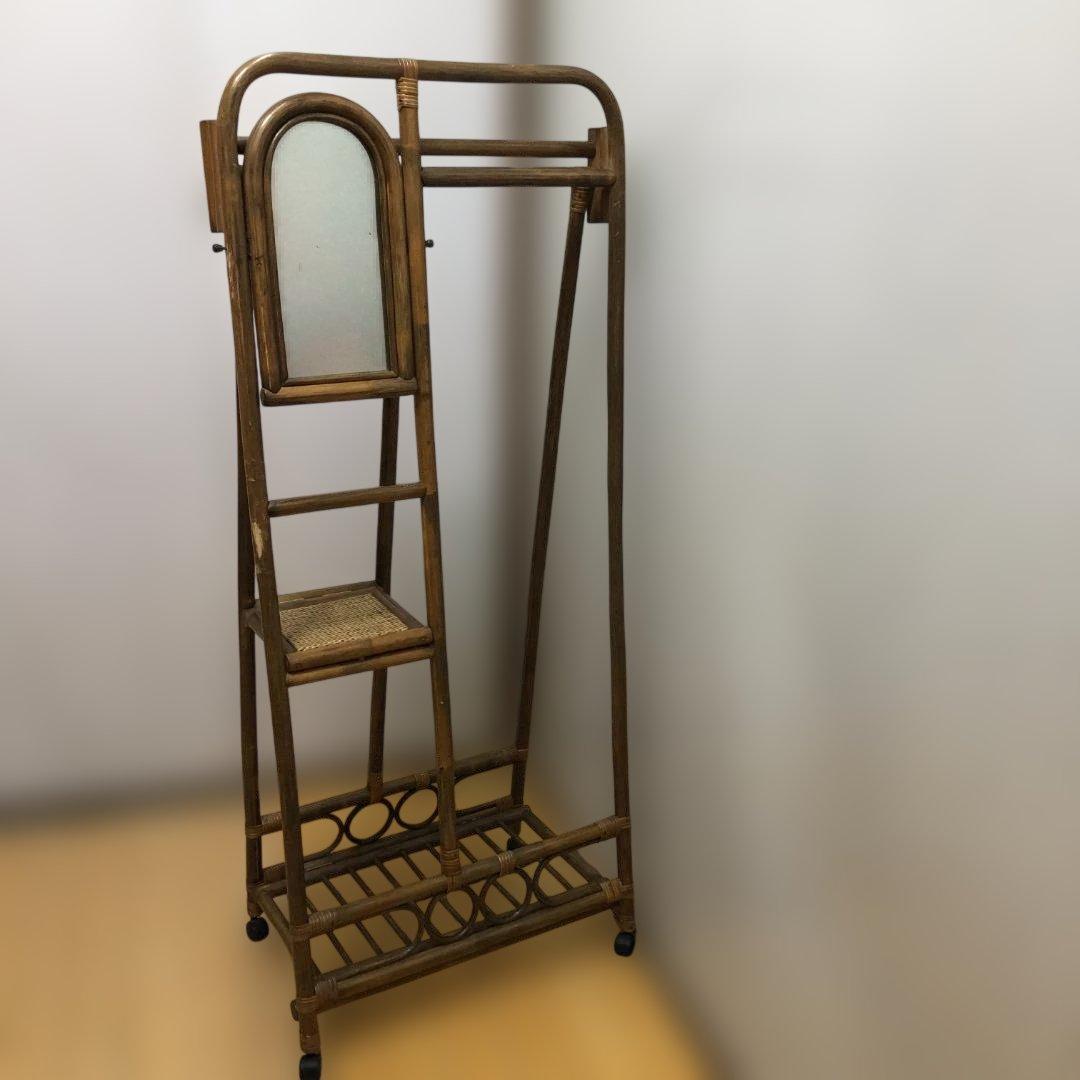 ラタン 籐製 ミラー付き ハンガーラック レトロ ヴィンテージ　260128-1