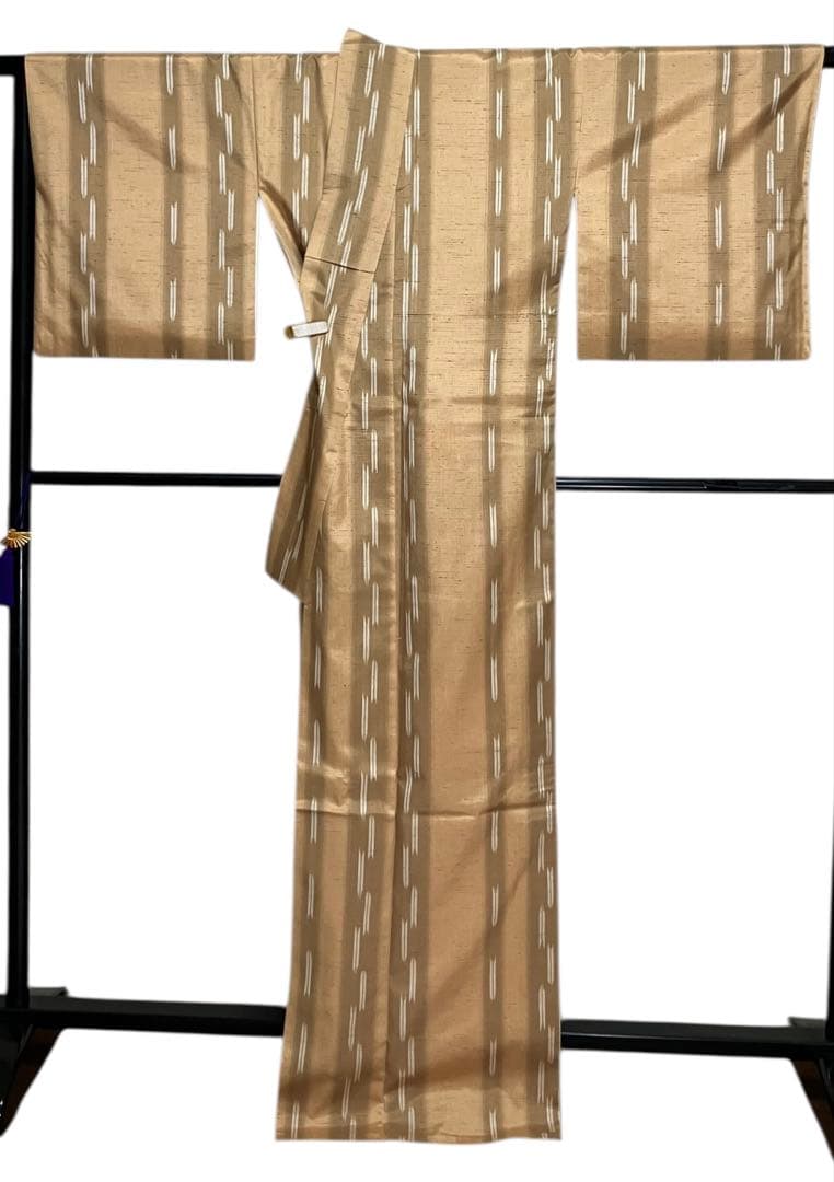 山形 米沢 長井 渡源織物 ぜんまい紬 小紋 縦縞 経絣 証紙 美品 イ6297