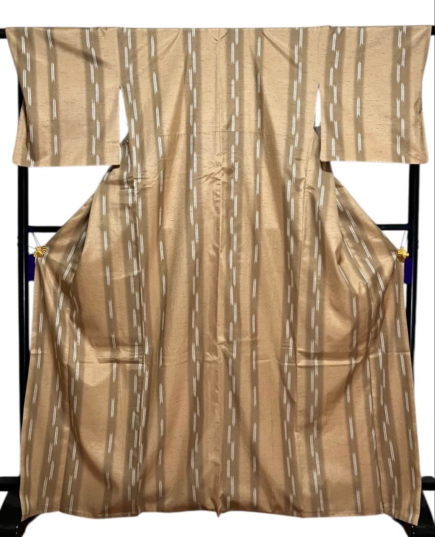 山形 米沢 長井 渡源織物 ぜんまい紬 小紋 縦縞 経絣 証紙 美品 イ6297