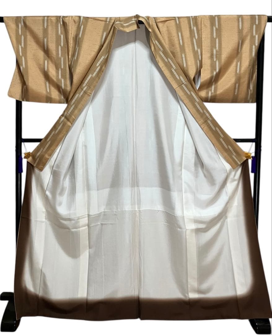 山形 米沢 長井 渡源織物 ぜんまい紬 小紋 縦縞 経絣 証紙 美品 イ6297