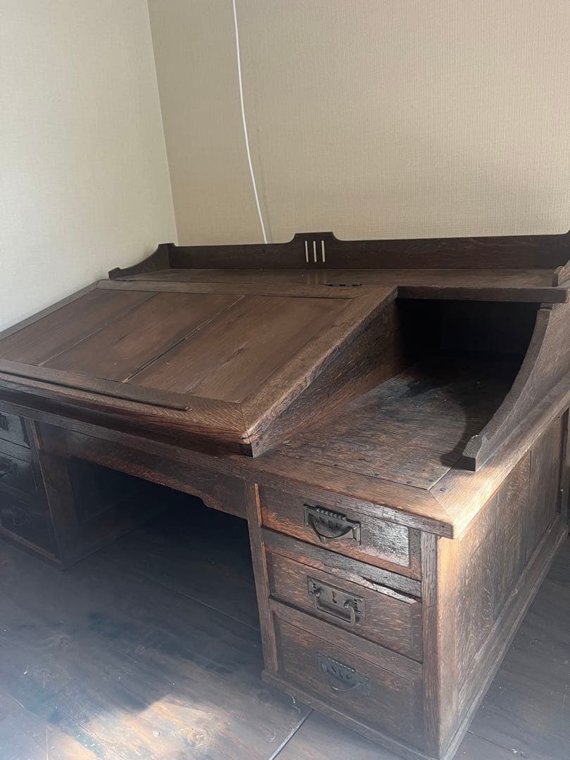 【向日葵3】こだわり文卓机　斜め天板　引き出し6個付き　ビンテージ　古民家
