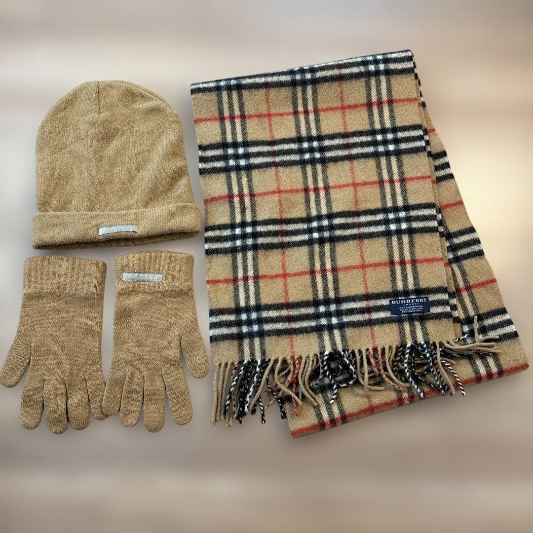 バーバリー ベージュ チェック柄 マフラー 手袋 ニット帽 セット
