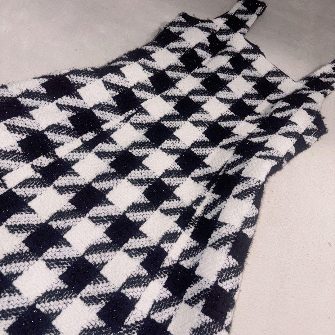 美品✨エストネーション　ツイードスクエアネックワンピース　千鳥柄　ジャンスカ　M