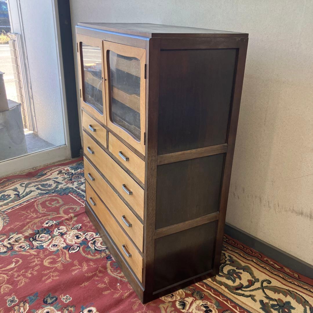 昭和レトロ ガラス戸 木製キャビネット 和箪笥 着物チェスト サイドボード古家具