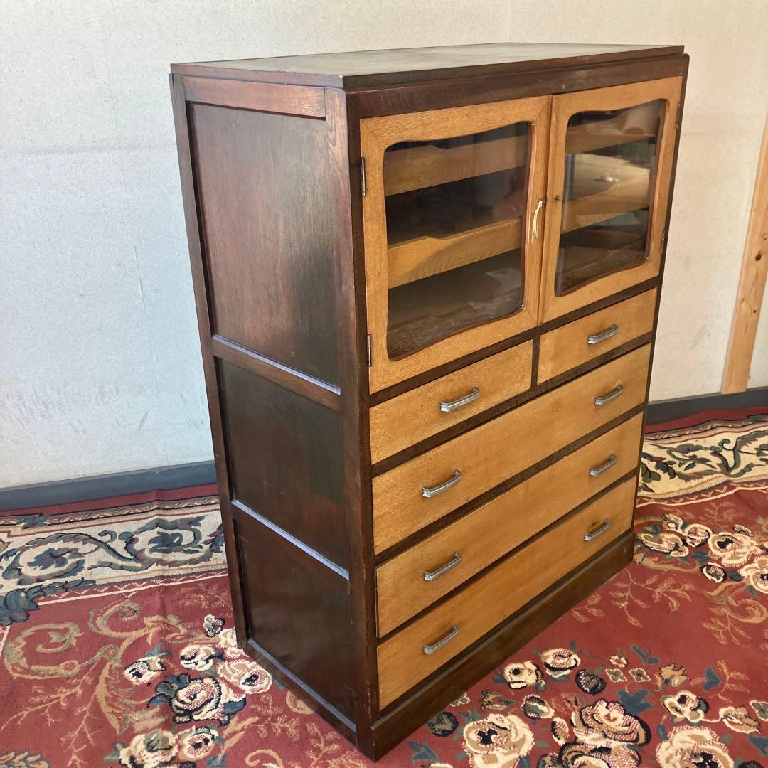 昭和レトロ ガラス戸 木製キャビネット 和箪笥 着物チェスト サイドボード古家具