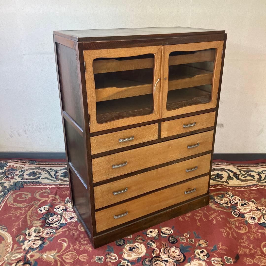 昭和レトロ ガラス戸 木製キャビネット 和箪笥 着物チェスト サイドボード古家具