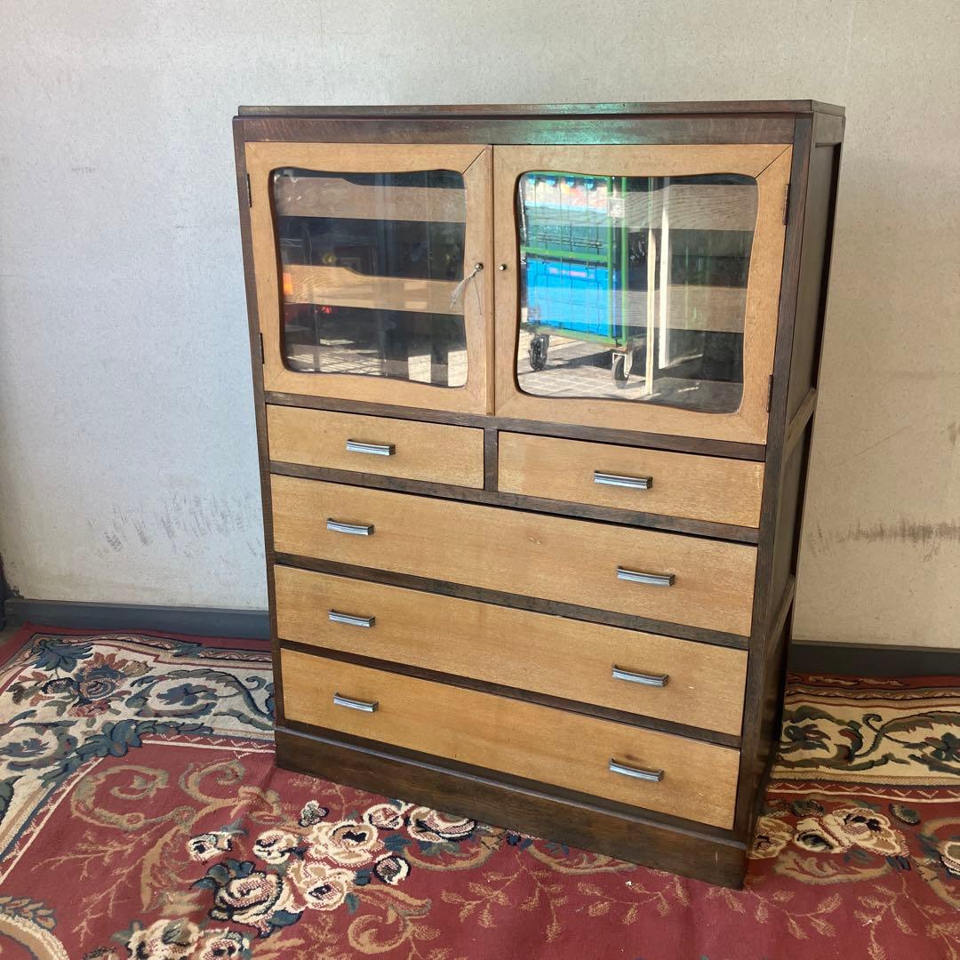 昭和レトロ ガラス戸 木製キャビネット 和箪笥 着物チェスト サイドボード古家具