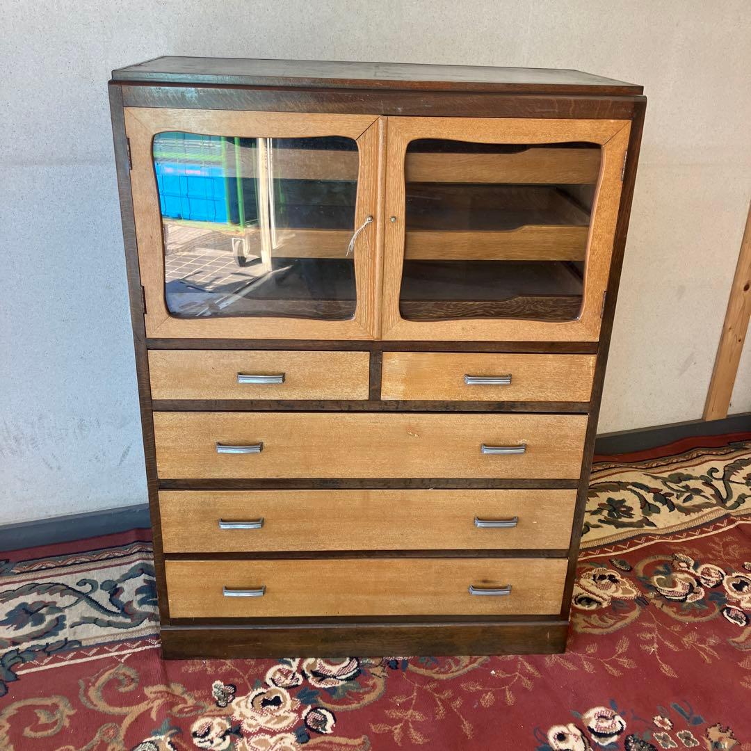 昭和レトロ ガラス戸 木製キャビネット 和箪笥 着物チェスト サイドボード古家具