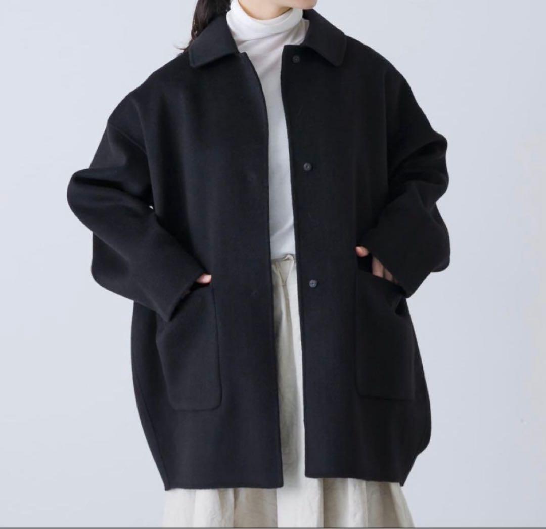 黒　かぐれ　ステンカラーウールショートコート フリーサイズ