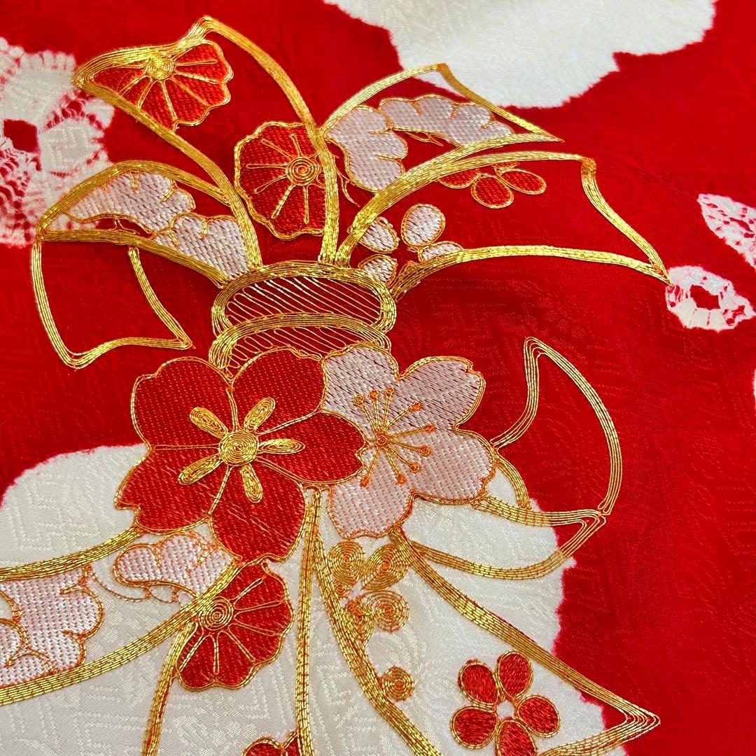 お宮参り 産着 絹 絞り 金駒刺繍 赤 子供着物 花 女の子 祝い着 赤ちゃん
