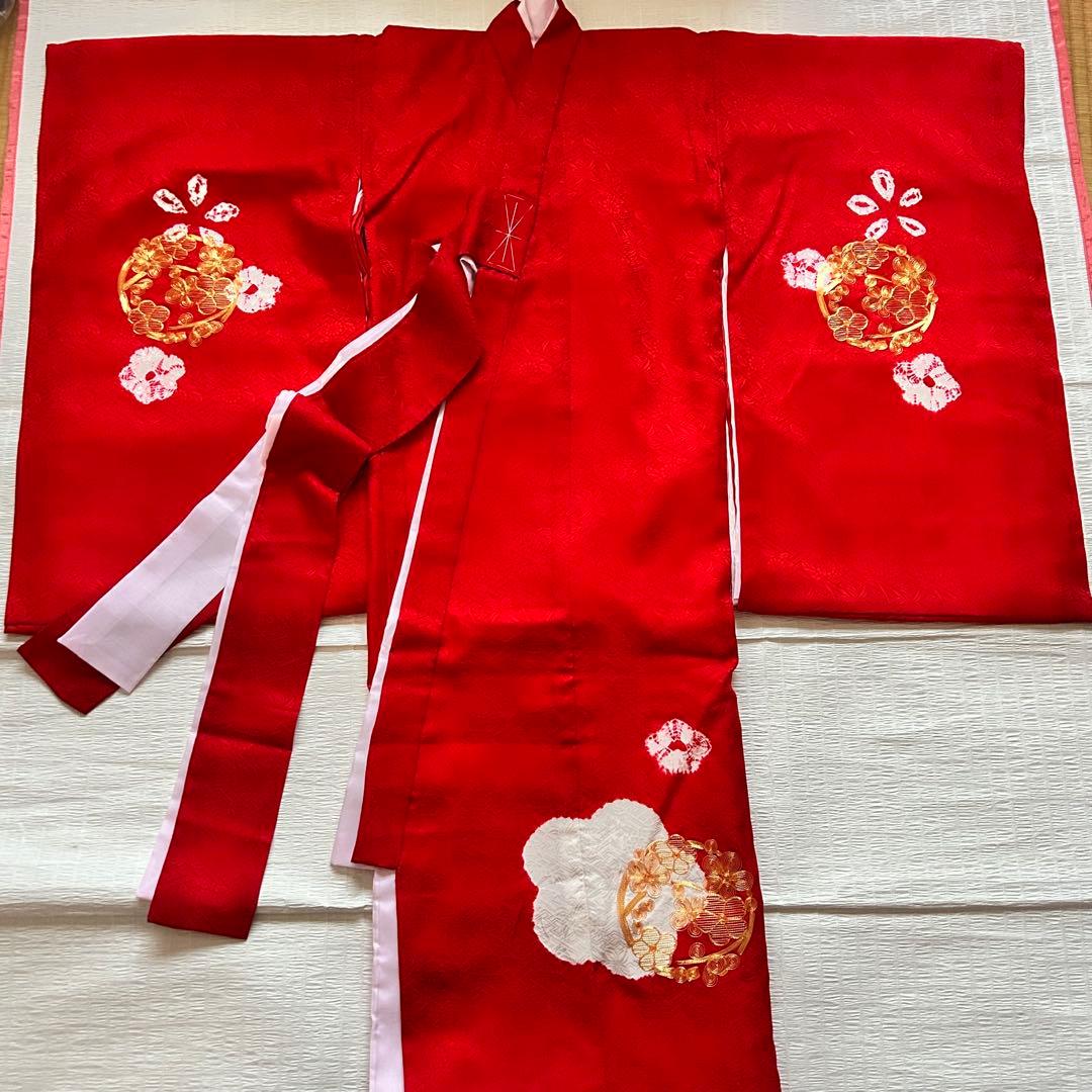 お宮参り 産着 絹 絞り 金駒刺繍 赤 子供着物 花 女の子 祝い着 赤ちゃん