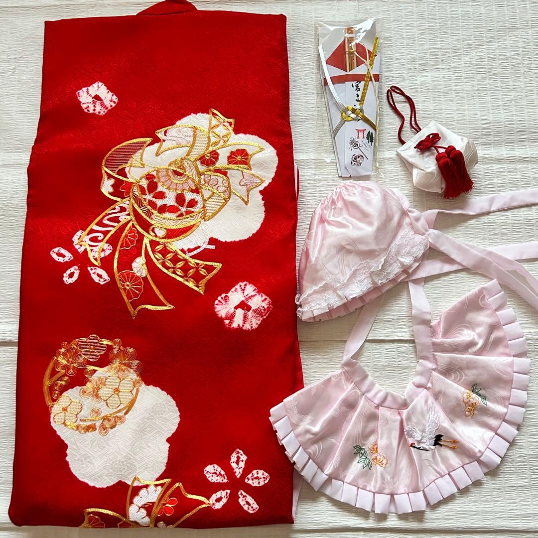 お宮参り 産着 絹 絞り 金駒刺繍 赤 子供着物 花 女の子 祝い着 赤ちゃん